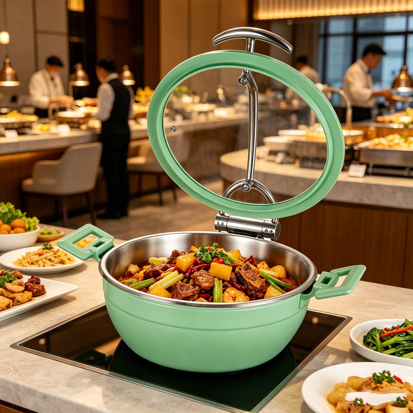 Edicel  5L Round Multi-Position Stay-Open Lid Chafing Dish for Hotel Buffet Serving