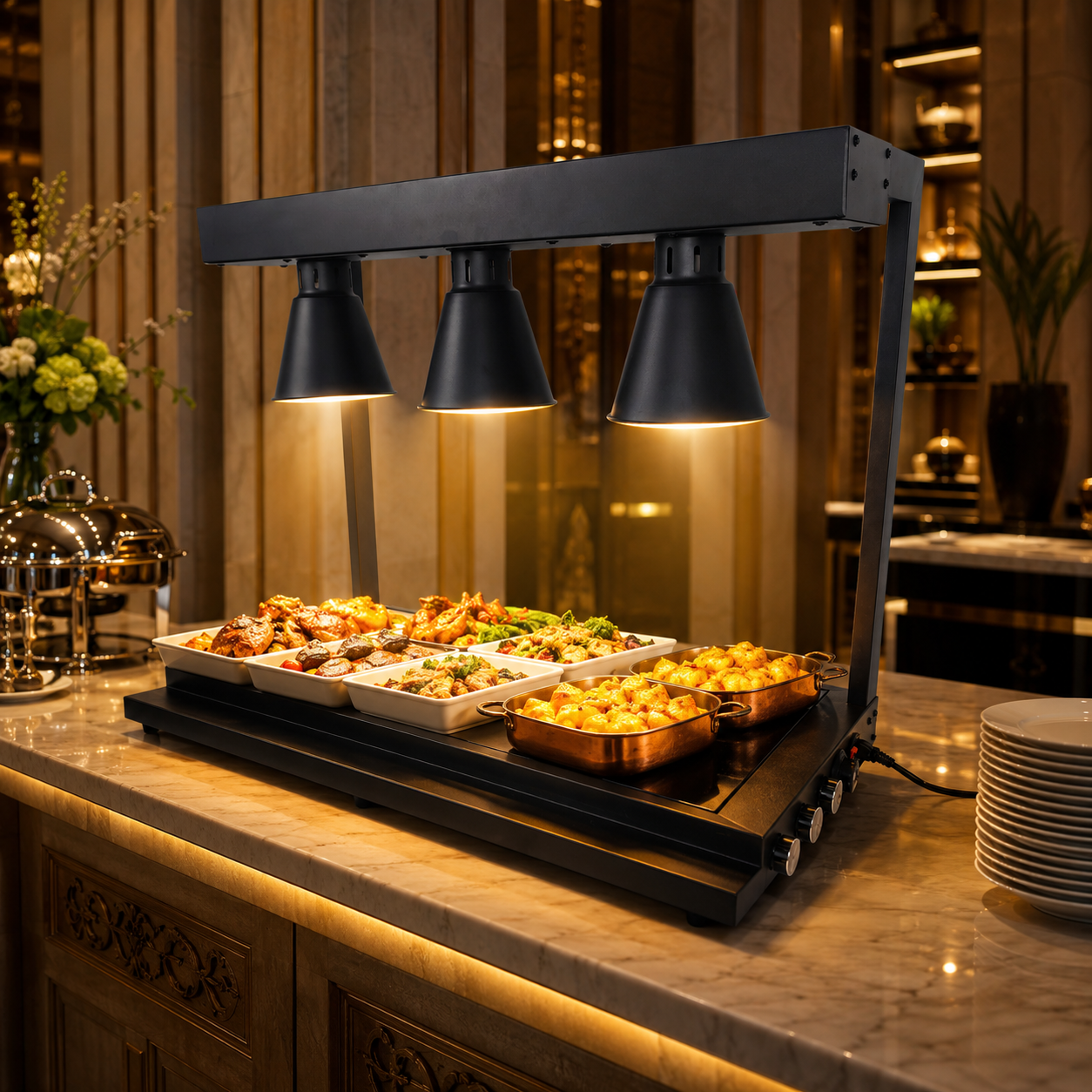 Edicel Triple Head Infrared Heat Lamp Station | Buffet & Catering Warming